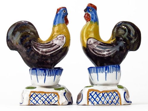 PAIR ON ANTIQUE FRENCH FAIENCE PORCELAIN ROOSTERS
