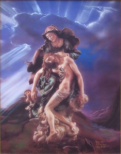 GIUSEPPE ARMANI GICLEE TITLED "LA PIETA": GIUSEPPE ARMANI GICLEE TITLED "LA PIETA" Number 182/675. Signed Lower Right. Measures Approximately 21-1/2" Tall by 16-1/2" Wide, Plus Frame. Comes in Box with Papers. WE WILL NOT SHIP THIS ITEM BUT C