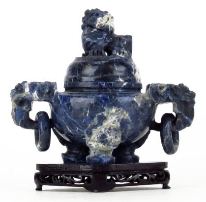FINE VINTAGE CARVED CHINESE LAPIS INCENSE BURNER: FINE VINTAGE CARVED CHINESE LAPIS INCENSE BURNER Measures Approximately 8" Wide by 6-1/2" Tall. Comes with Foo Dog Finial and Dragon Handles. Mounted in Fitted Wooden Base. Early to Mid 20th Century W