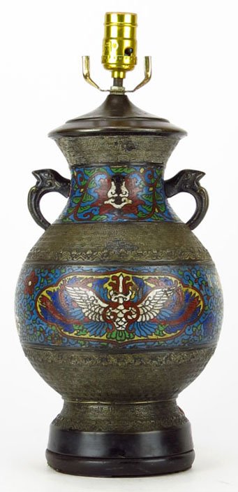 ANTIQUE CHINESE CHAMPLEVÉ VASE/LAMP: ANTIQUE CHINESE CHAMPLEVÉ VASE/LAMP Early 20th Century. With Bird Handles and Hand Painted Bird Designed. Measures Approximately 24" to Top, Vase Section Measures 11-1/2" Tall. Slight Rubbing Otherwi