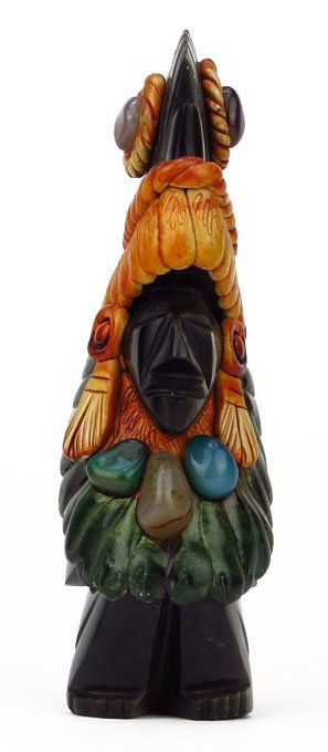 NUSUAL AZTEC OBSIDIAN STONE: UNUSUAL AZTEC OBSIDIAN STONE "Volcanic Stone or Flint" Carving of an Aztec Warrior, with Applied Composition Headdress. Ceremonial Garments with Semi Precious Stones Applied. Measures Approximately 7-