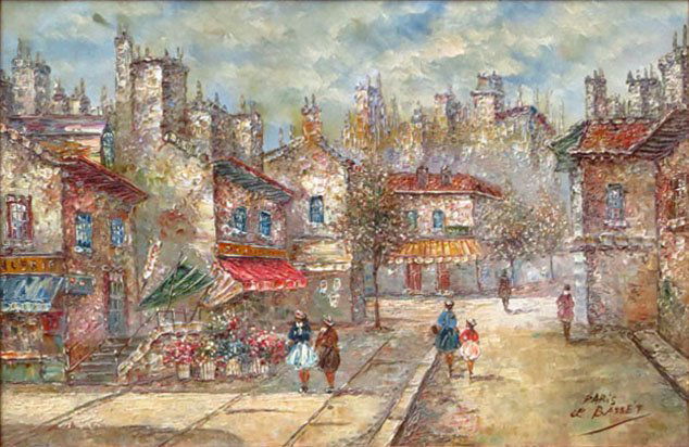 O/C LOUIS BASSET PARIS EARLY 20TH CENTURY: well listed heavy pallet painting of old Paris, measures 24 x 34 with super high quality frame, signed lower right excellent condition WE WILL NOT SHIP THIS ITEM BUT CAN RECOMMEND A SHIPPER FOR YOU