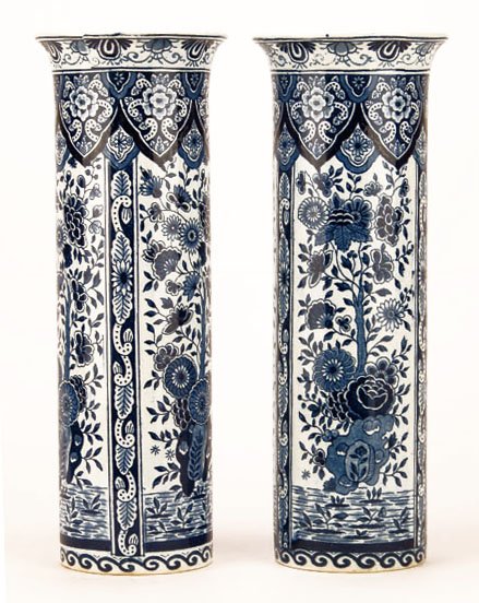 PAIR OF ANTIQUE DELFT LARGE CYLINDRICAL VASES: PAIR OF ANTIQUE DELFT LARGE CYLINDRICAL VASES Each measures Approximately 12" Tall with Floral Design. Signed to Base Delft. Circa 1920's WE NOT SHIP THIS ITEM BUT CAN RECOMMEND A SHIPPER FOR YOU