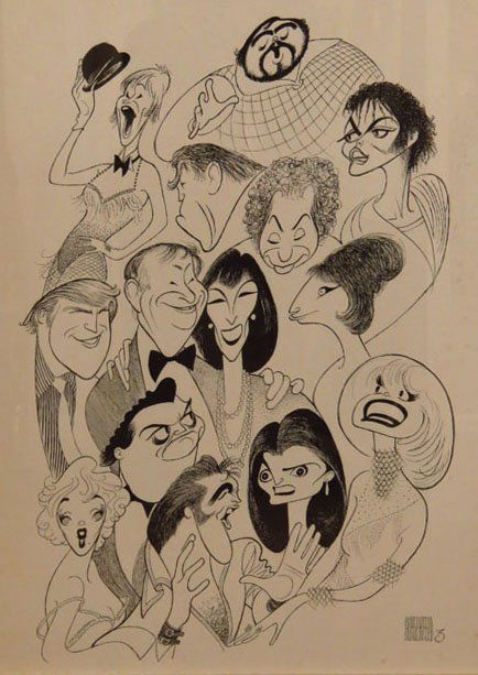 HIRSCHFELD PEN MONTAGUE OF CELEBRITIES: HIRSCHFELD PEN MONTAGUE OF CELEBRITIES Measures Approximately 25" Tall by 19" Wide, Plus Frame. Signed Lower Right. Includes Zero Mostel, Micheal Jackson, Carol Channing, Barbra Strisand, Donald Trump
