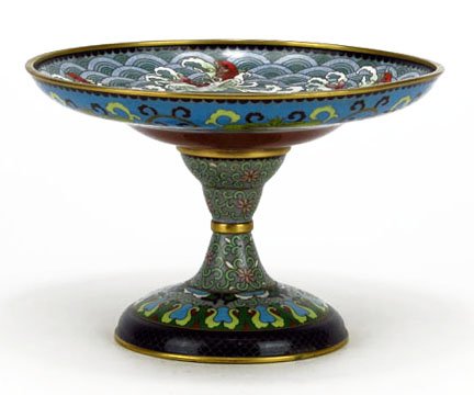 LOVELY VINTAGE CLOISONNÉ COMPOTE: LOVELY VINTAGE CLOISONNÉ COMPOTE 5 1/.2" TALL -8" in diameter, with fish design, painted throughout, very good condition, circa 1950's WE WILL NOT SHIP THIS ITEM BUT CAN RECOMMEND A SHIPPER FOR YOU