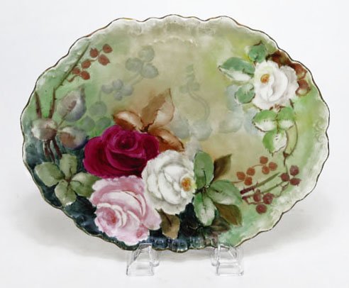 ANTIQUE HAND PAINTED LIMOGES DRESSER TRAY: ANTIQUE HAND PAINTED LIMOGES DRESSER TRAY By the William Guerrin co , with beautiful cabbage rose décor, measures 11" long, and 8 1'2" wide good condition, some light wear, shipping $25 plus ins