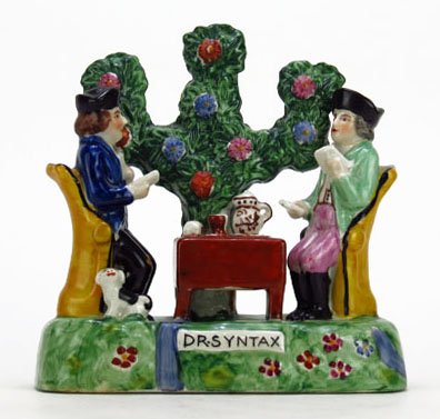LARGE VINTAGE STAFFORDSHIRE GROUPINGS: LARGE VINTAGE STAFFORDSHIRE GROUPINGS titled Dr. Syntax, featuring two colonial gents playing cards, unsigned, each measures 7" tall, and 5 1/2" wide