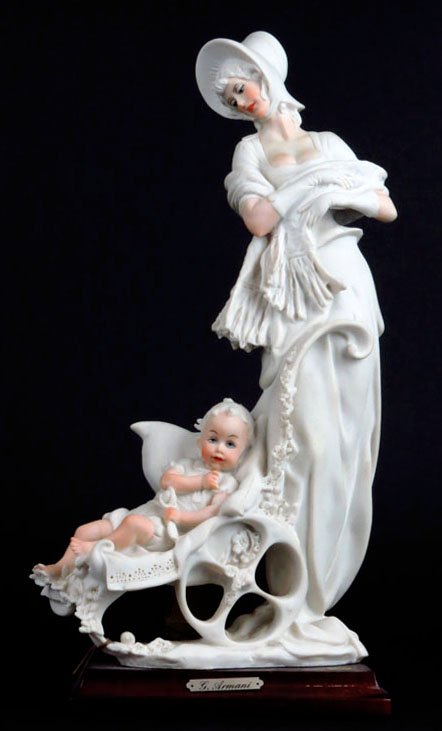 GIUSEPPE ARMANI FIGURINE OF A MOTHER AND HER BABY: GIUSEPPE ARMANI FIGURINE OF A MOTHER AND HER BABY. Open edition retired in 1987 standing 12.5" tall plus base. We will not ship this item. We will happily recommend a list of outside vendors upon requ