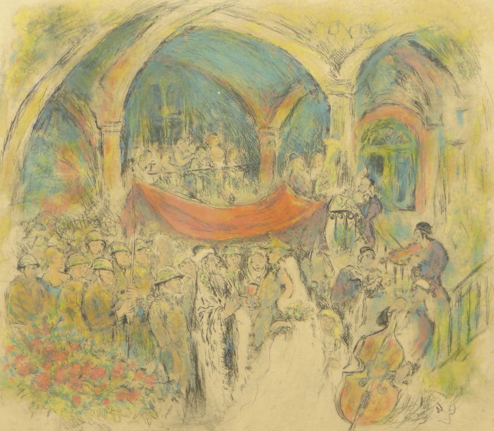 Ira Moskowitz (1912-1985) Polish-American Hand-Colored: Ira Moskowitz (1912-1985) Polish-American Hand-Colored Etching "Wedding" Signed in Pencil Lower Right and Numbered 85/120 Lower Left. Very Good Condition. Measures 20 Inches by 16 Inches (sight) Frame