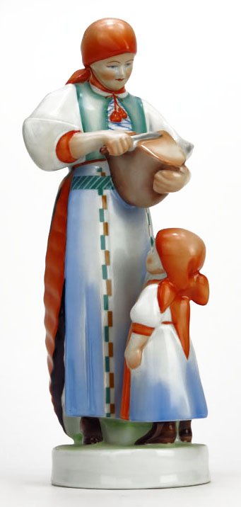ZSOLNAY PORCELAIN FIGURINE OF MOTHER AND DAUGHTER COOKI: ZSOLNAY PORCELAIN FIGURINE OF MOTHER AND DAUGHTER COOKING. Measures 12" signed in blue to base mid century Hungarian excellent condition no box We will not ship this item. We will happily recommend a 