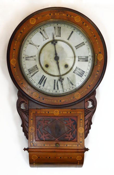 19th Century Possibly American Carved and Inlaid Wood W: 19th Century Possibly American Carved and Inlaid Wood Wall Mount Regulator Clock with Painted Tin Dial. Remnants of Paper Tag to Interior Otherwise Unsigned. No Confirmation of Running Condition, Miss