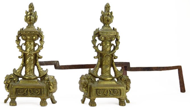 ANTIQUE PAIR ORNATE BRONZE ANDIRONS: ANTIQUE PAIR ORNATE BRONZE ANDIRONS Antique french 13" tall 15" long garland design in excellent condition. We will not ship this item. We will happily recommend a list of outside vendors upon request