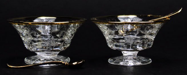 FABERGE IMPERIAL COLLECTION PAIR OF CRYSTAL SALTS & FAB: FABERGE IMPERIAL COLLECTION PAIR OF CRYSTAL SALTS & FABERGE STERLING SPOONS Each bowl is footed and signed Faberge. Measures 2.75" in Diameter comes in original presentation box. Excellent Condition. 