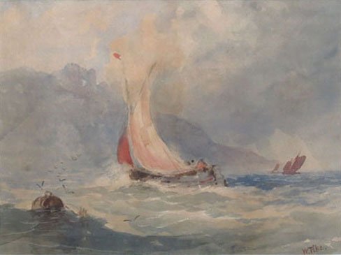 WILLIAM HENRY PIKE WATERCOLOR OF SAILBOAT 1846-1908: WILLIAM HENRY PIKE WATERCOLOR OF SAILBOAT 1846-1908 Measures 8.75" tall 11" wide plus mat and frame. Watercolor of a sailboat with mountains in background by a heavy listed artist. Signed lower right,