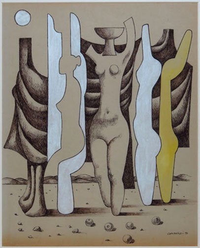 MARIO CARRENO 1913-1999 PEN AND INK: MARIO CARRENO 1913-1999 PEN AND INK Abstract Pen and Ink with Color Enhancement 14.25" tall 11.5" wide listed Cuban/Chilean artist. This item was brought over from Cuba by a personal friend of the fam