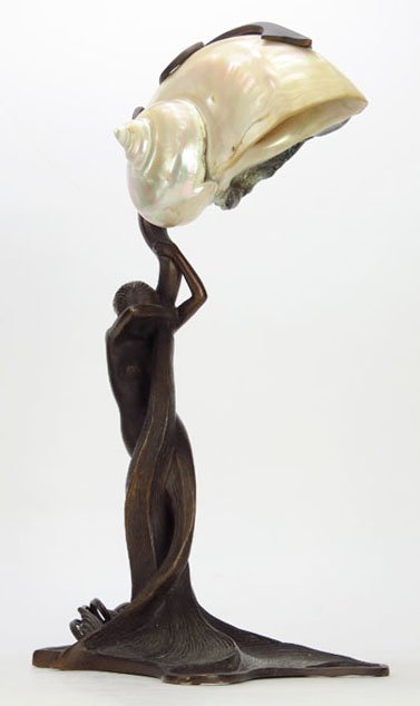 ART NOUVEAU STYLE NUDE NAUTICAL LAMP: ART NOUVEAU STYLE NUDE NAUTICAL LAMP Measures 17.5" tall featuring a bronze or white metal nude rising up from the ground. With a conch shell lamp shade in excellent condition. We will not ship this i