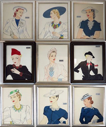SET OF 9 RARE MIRIAM HASKELL WATER COLORS: SET OF 9 RARE MIRIAM HASKELL WATER COLORS depicting 1940's womans dress 8x10 plus frame extremely rare find. We will not ship this item. We will happily recommend a list of outside vendors upon reques