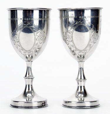 PAIR OF OLD LONDON STERLING SILVER CHALICES: PAIR OF OLD LONDON STERLING SILVER CHALICES Each approx 5.5" tall with gilt gold interior. Beautifully etched in a floral design circa 1920's. total weigh 6 troy ounces. We will not ship this item. We