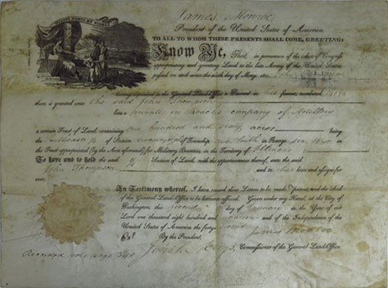 PRESIDENT JAMES MONROE SIGNED LAND GRANT: PRESIDENT JAMES MONROE SIGNED LAND GRANT for property in Illinois dated May 6th 1812 with seal grant has been folded has some yellowing but fairly good condition We will not ship this item. We will ha