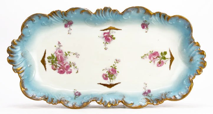 LOVELY ANTIQUE HAND PAINTED LARGE LIMOGES BOWL: LOVELY ANTIQUE HAND PAINTED LARGE LIMOGES BOWL Measures 16" wide 8" across. Phl Limoges Co. hand painted pink roses on white ground with robins egg blue border and gold trim. Some rubbing to gold othe