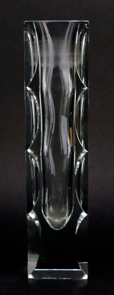 HEAVY FRENCH MOLDED CRYSTAL VASE: HEAVY FRENCH MOLDED CRYSTAL VASE signed to base Parfums & Bou. Measures 12" tall .5" thick. Beautifully molded We will not ship this item. We will happily recommend a list of outside vendors upon requ