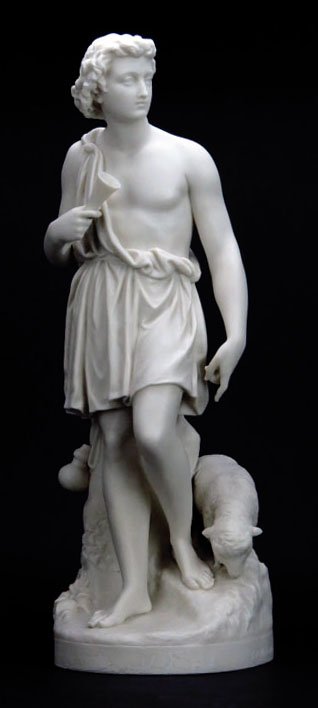 19TH CENTURY FRENCH PARIAN STATUE OF A YOUNG SHEPHERD.: 19TH CENTURY FRENCH PARIAN STATUE OF A YOUNG SHEPHERD. Measures 18" tall dated 1871 signed by the artist Louis Auguste Malempré. Depicting a shepherd with a horn tending to his sheep. Please note min