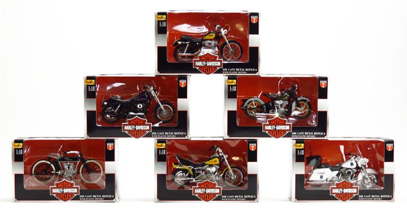 6 HARLEY DAVIDSON MOTORCYCLE 7 SERIES: Harley Davidson Motorcycles Die Cast Metal Replica with Plastic Details 7 Series We will not ship this lot but we can recommend one of our local shippers