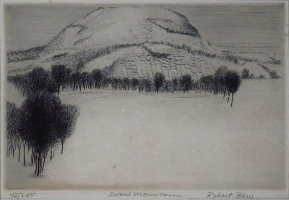 ANTIQUE LITHOGRAPH BY LISTED ARTIST ROBERT BERO: Depicting the snow mountain. Measures 9" tall 12" wide plus frame no. 40/250. We will not ship this lot but we can recommend one of our local shippers.