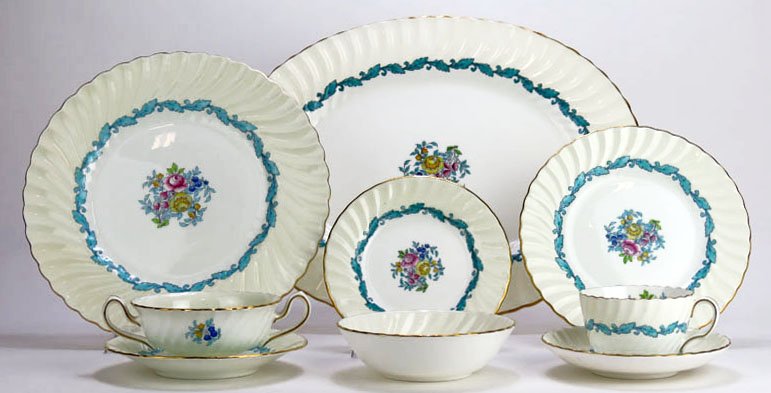 VINTAGE MINTON CHINA 111 PCS SET ARDMORE TURQUOISE IVOR: VINTAGE MINTON CHINA 111 PCS SET ARDMORE TURQUOISE IVORY S363 To include: 1 Serving Tray: 15", 13 Soup Bowls: 5.25", 17 Bread/Butter Plates: 6", 13 Salad Plates: 7.75", 13 Dinner Plates: 10.5", 13 Dem