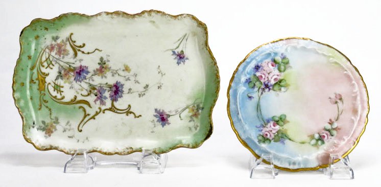 2 PIECES OF ANTIQUE HAND PAINTED PORCELAIN: 2 PIECES OF ANTIQUE HAND PAINTED PORCELAIN consisting of Limoges 9" hand painted dresser tray and 6" decorated trivet We will not ship this lot but we can recommend one of our local shippers.