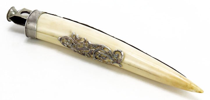 ANTIQUE DUTCH 800 SILVER AND IVORY CIGAR CUTTER: ANTIQUE DUTCH 800 SILVER AND IVORY CIGAR CUTTER measures 9" long complete tip of tusk. With Dutch silver scene mounted to both sides. Stamped 800 one age crack to ivory tusk otherwise great condition.