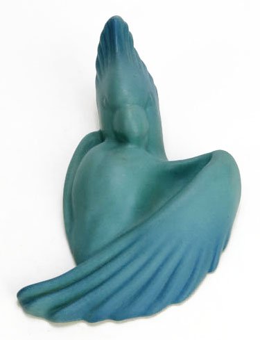 RARE VINTAGE VANBRIGGLE HAWK WALL POCKET: RARE VINTAGE VANBRIGGLE HAWK WALL POCKET measures 7" tall depicting a hawk with his wing folded signed to back Vanbriggle Colorado springs in a soft blue glaze. Excellent condition. We will not ship t