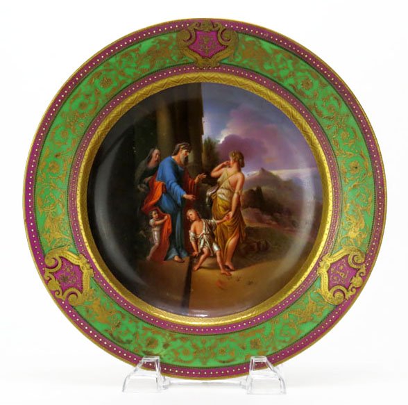 Late 19C Early 20C Royal Vienna Portrait Plate: Late 19th Century Early 20th Century Gilt Decorated Royal Vienna Porcelain Portrait Plate "Hagar and Ishmael Banished from the House of Abraham" after: Adriaen van der Werff Dutch (1659-1722). Signed