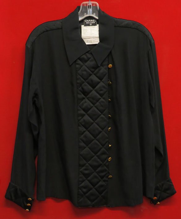 VINTAGE CHANEL BOUTIQUE SILK BLOUSE Chanel Boutique: VINTAGE CHANEL BOUTIQUE SILK BLOUSE Chanel Boutique Long Sleeve Black Blouse Quilted Front & Shoulders.15 Coco Chanel Paris France Gldtone Buttons with Ladys Profile. Marked on Product Tag 100% Silk S