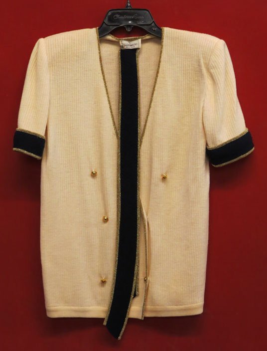 YVES SAINT LAURENT SWEATER Vintage White Silk & Black: YVES SAINT LAURENT SWEATER Vintage White Silk & Black with Gold Thread Accent. Marked Made in France Saint Laurent Paris Product Tag Marked 76% Silk and Size 38. Shipping $28.00 (Estimate $50-100)