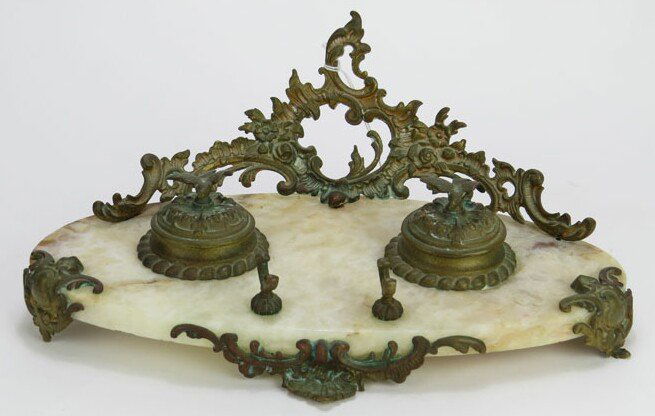 Vintage Ink Stand with Alabaster Base and Bronze: Vintage Ink Stand with Alabaster Base and Bronze Mounts. Shipping $42.00