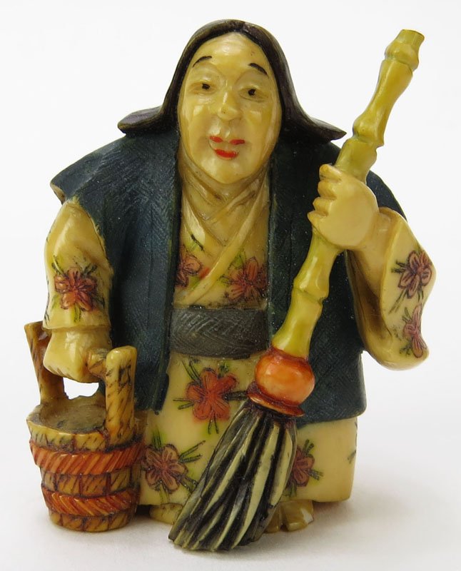 Japanese Carved Ivory Netsuke. Signed. Hand Painted. Th: Japanese Carved Ivory Netsuke. Signed. Hand Painted. This item will only be shipped domestically and was legally imported into the United States. Shipping to California is Not Available for this Lot. 