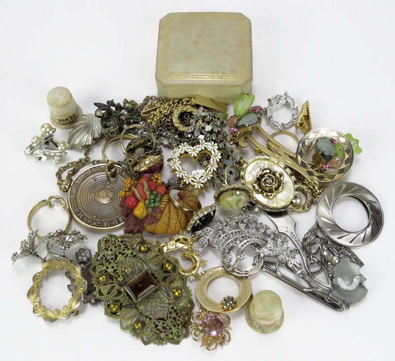 Box Lot of Designer Signed Costume Jewelery, Antique: Box Lot of Designer Signed Costume Jewelery, Antique (or antique Style) Costume Jewelery, Assorted Costume Jewelery, Vintage Jewelry Holder and Two Thimbles. Shipping $28.00