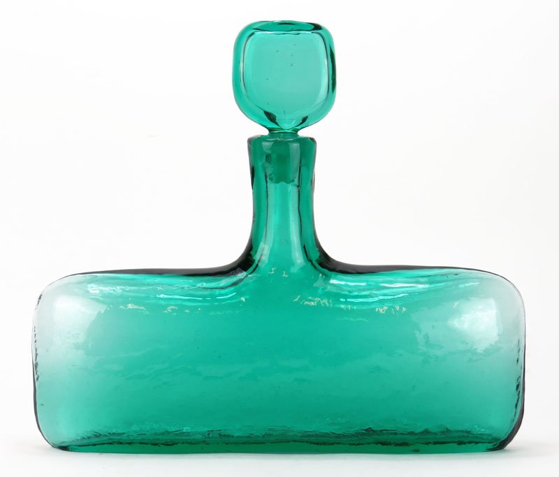 Large Modern Green Art Glass Bottle with Lid. Unsigned.: Large Modern Green Art Glass Bottle with Lid. Unsigned. Measures 12 Inches Tall and 15 Inches Wide. Shipping $67.00