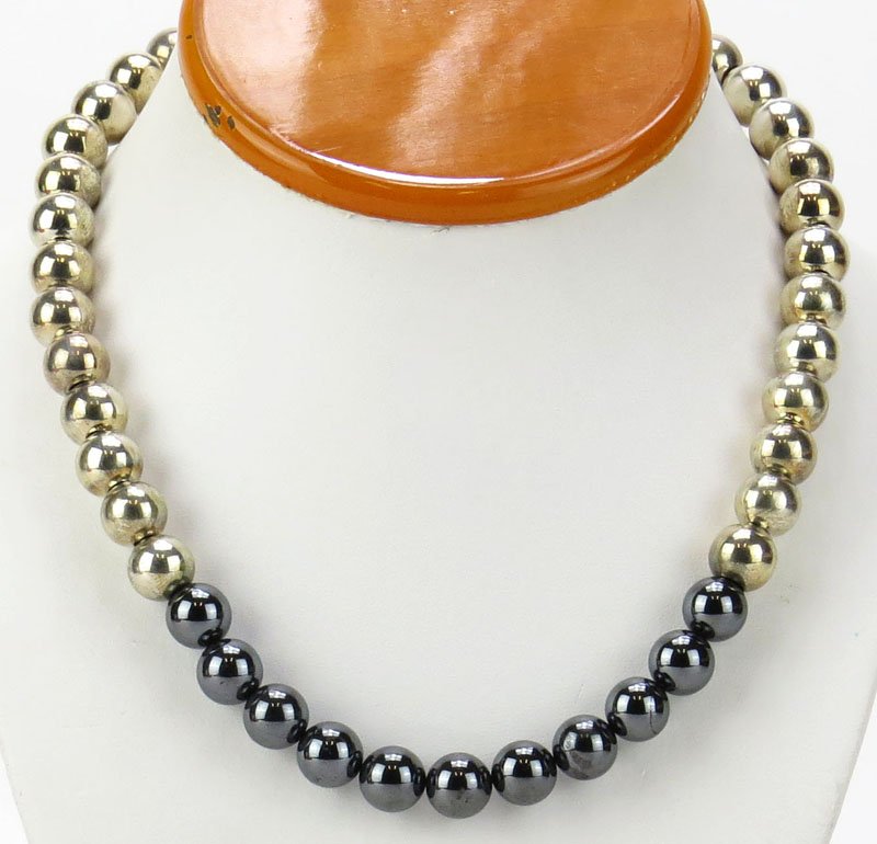 Sterling Silver and Hematite Necklace. Clasp Signed.: Sterling Silver and Hematite Necklace. Clasp Signed. Weighs 2.16 Troy Ounces. Measures 16 Inches. Shipping $20.00