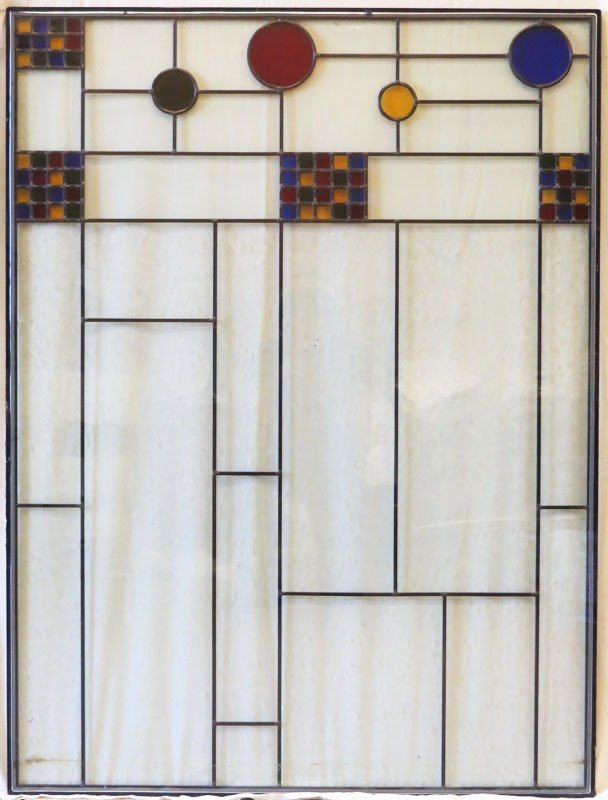 Frank Lloyd Wright Modernist Style Stain Glass Window.: Frank Lloyd Wright Modernist Style Stain Glass Window. Good Condition. Measures 49 Inches by 36 Inches. These were all Removed from a South Beach Restaurant. We will not ship this item in house but we