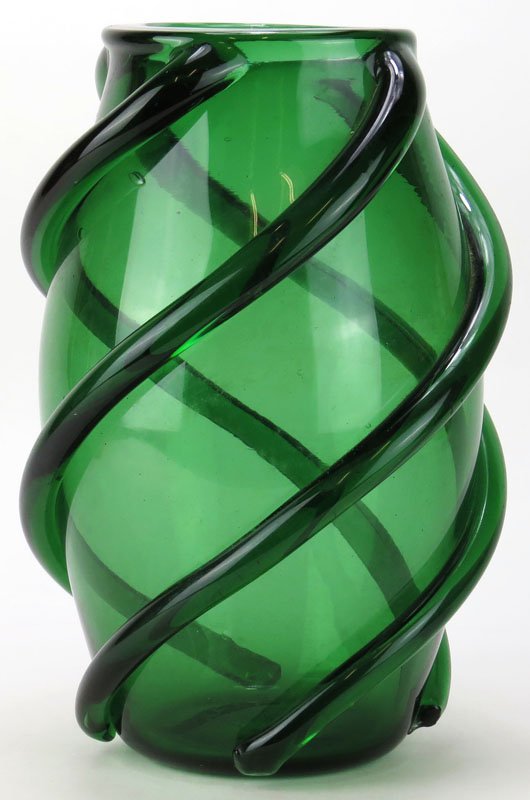Large Blenko Green Art Glass Vase with Swirl: Large Blenko Green Art Glass Vase with Swirl Decoration. Unsigned. Good Condition. Measures 12-1/2 Inches Tall. Shipping $70.00