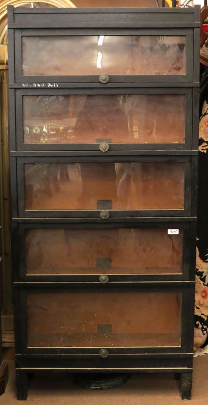 Antique Globe Wernicke 6 Barrister Stacking Lawyer's Bo: Antique Globe Wernicke 6 Barrister Stacking Lawyer's Bookcase. Signed. Finish Bubbly, Chip to Front Near Foot or else Overall Good Condition. Approximately 74 Inches Tall, 34-1/2 Inches Wide and 11 In