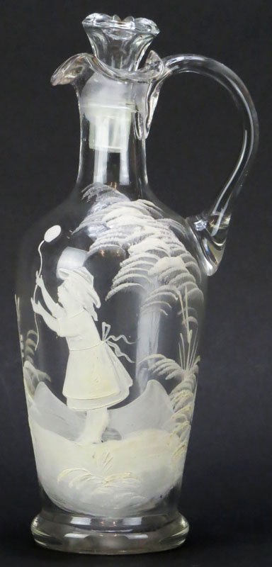 Mary Gregory Enameled Glass Ewer with Lid and Handle.: Mary Gregory Enameled Glass Ewer with Lid and Handle. European Made. Lid not Original to the Piece otherwise Good Condition. Measures 9-1/4 Inches not counting Lid. Shipping $28.00