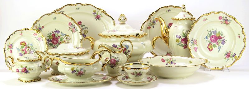 Sixty One (61) Piece Rosenthal Pompadour Shape: Sixty One (61) Piece Rosenthal Pompadour Shape Porcelain Dinner Service in an Unknown Pattern. Service Includes: 7 Dinner Plates, 17 Salad Plates, 5 Soup Bowls, 11 Cups and 10 Saucers. Serving Pieces 