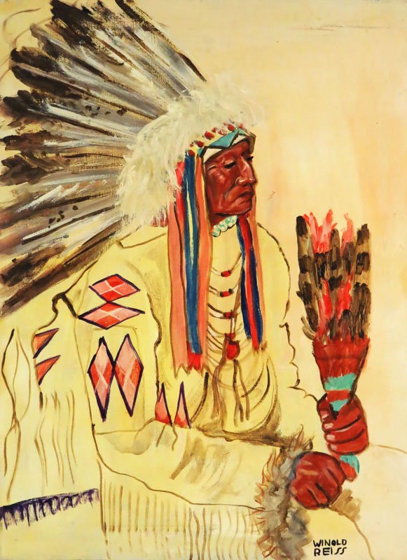 after: Winold Reiss German-American (1886-1953) Oil on: after: Winold Reiss German-American (1886-1953) Oil on Canvas "Chief Running Deer" Signed Lower Right. Minor Scrapes or else Very Good Condition. Altermann Galleries Label En Verso. Measures 24 Inches