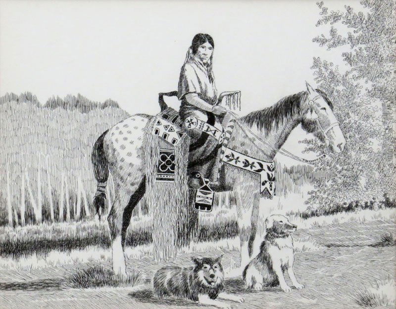 Asa Battles American-Colorado/Arizona (born1923- ) Pen: Asa Battles American-Colorado/Arizona (born1923- ) Pen and Ink on Paper "Flathead" Circa 1974. Signed Lower Right, Dated 1974 and Titled Lower Left. Blurb on Artist en Verso. Good Condition. Frame Mea