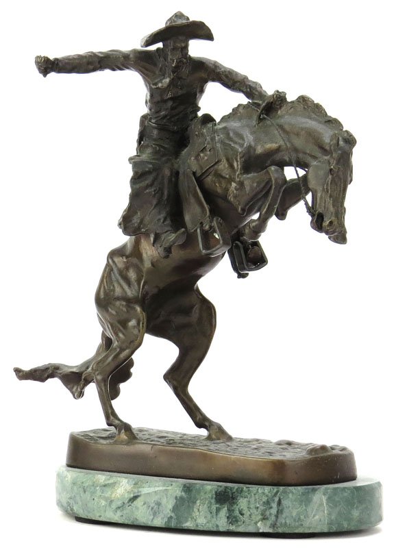 after: Frederic Remington American (1861-1909) Bronze: after: Frederic Remington American (1861-1909) Bronze Sculpture "Bronco Buster" Mounted on Associated Marble Base. Missing Whip or else Good Condition. Measures 9 Inches Tall and 7 Inches Wide. Shippi