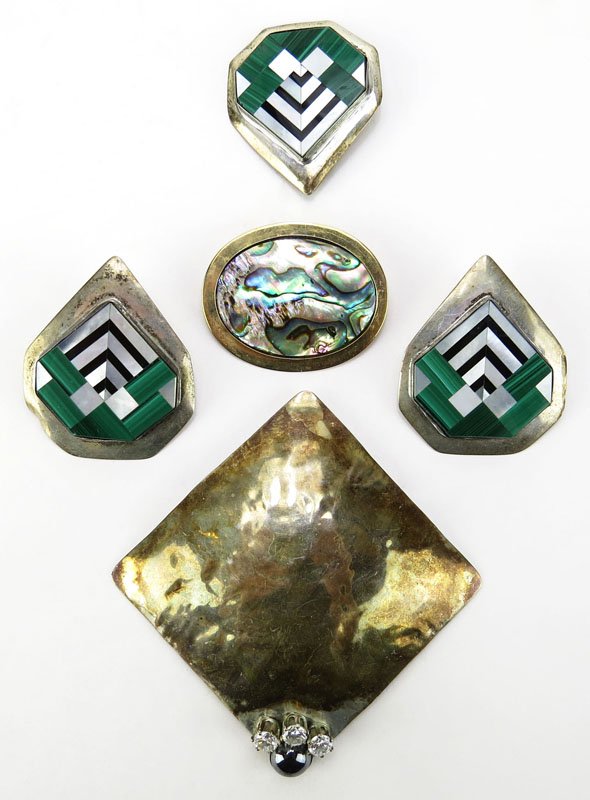 Louis Booth Sterling Silver Collection of Four Pieces,: Louis Booth Sterling Silver Collection of Four Pieces, Earrings and Matching Brooch Along with Larger Brooch and One Costume Brooch. Shipping $28.00