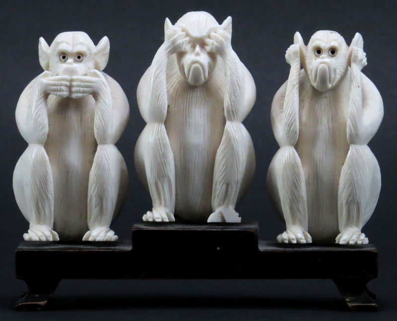 Three (3) Chinese Carved Ivory See No Evil, Hear No: Three (3) Chinese Carved Ivory See No Evil, Hear No Evil, Speak No Evil Monkies Mounted on Wooden Base. Good Condition. Measures 4 Inches Tall and 5 Inches Wide with Base. This item will only be shipp